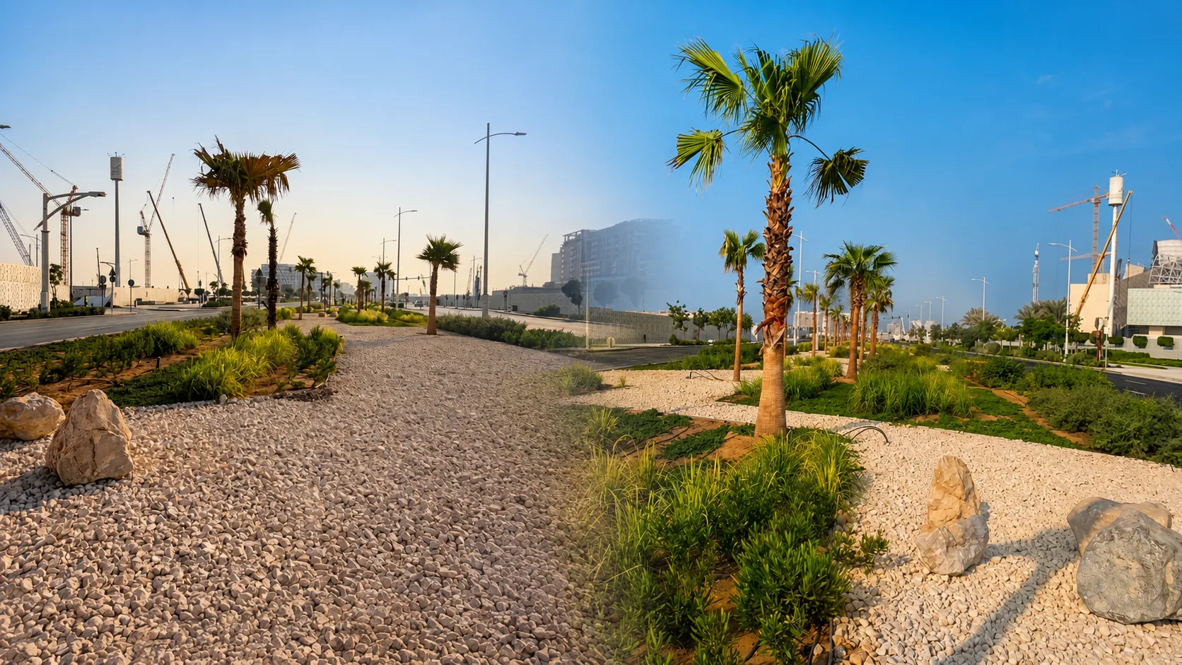 Established landscape with palms, gravel and climate-suitable planting